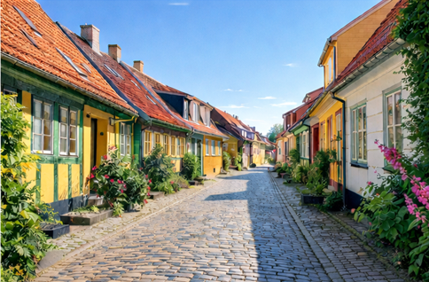 Historic town street on Ærø island, Denmark