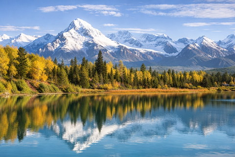 Mountain landscape in Alaska with lake and forest